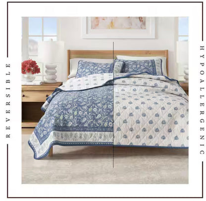 Blue Floral and Border Printed 3-Piece King Cotton Quilt Bedding Set