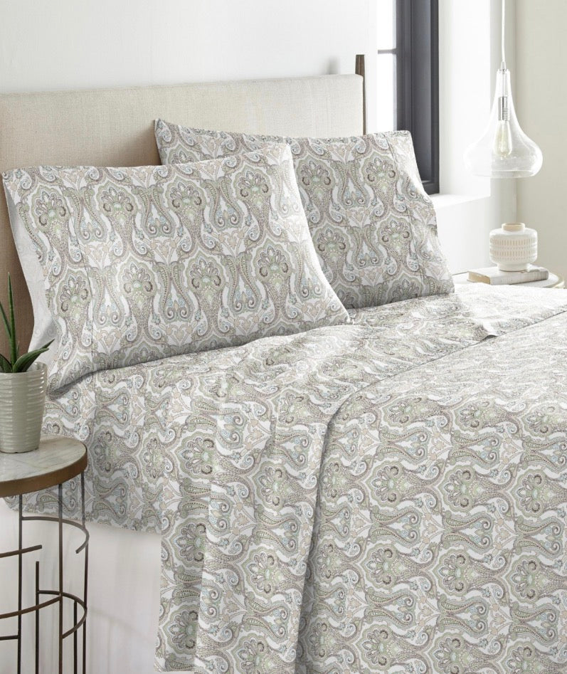 Pointehaven Cotton Heavy Weight 170 GSM Printed Flannel 3 Pieces Sheet Set-Included(1 Pillowcase,1 Fitted Sheet,1 Flat Sheet)-Color(Paisley Sage)