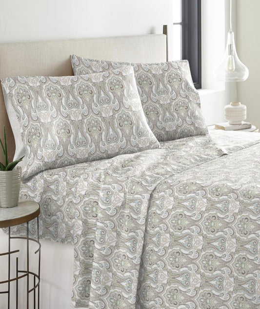 Pointehaven Cotton Heavy Weight 170 GSM Printed Flannel 3 Pieces Sheet Set-Included(1 Pillowcase,1 Fitted Sheet,1 Flat Sheet)-Color(Paisley Sage)