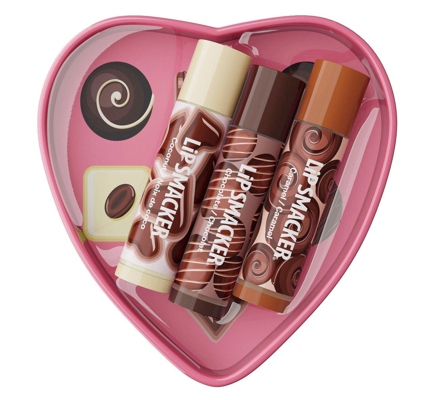 Lip Smacker Chocolate Deluxe Heart Tin Lip Balm Trio featuring coconut, chocolate, and caramel flavors in a pink heart-shaped