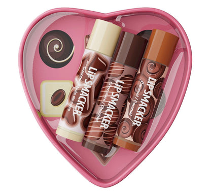 Lip Smacker Chocolate Deluxe Heart Tin Lip Balm Trio featuring coconut, chocolate, and caramel flavors in a pink heart-shaped