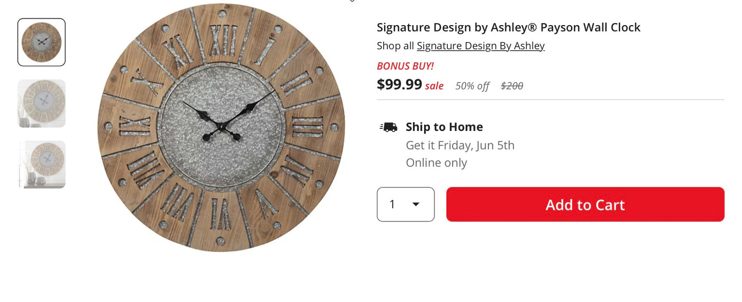 Signature Design by Ashley® Payson Wall Clock Measurements: 30.75 Width/Inches, 30.75 Height/Inches, 1 Depth/Inches