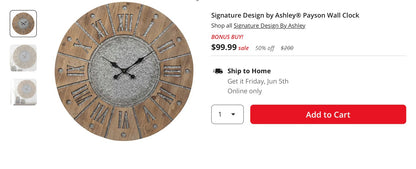 Signature Design by Ashley® Payson Wall Clock Measurements: 30.75 Width/Inches, 30.75 Height/Inches, 1 Depth/Inches