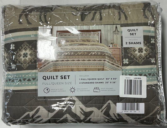 Rustic Themed 3 Pieces Quilt Set Full/Queen-Included(1 Quilt and 2 Standard Shams)-Brown