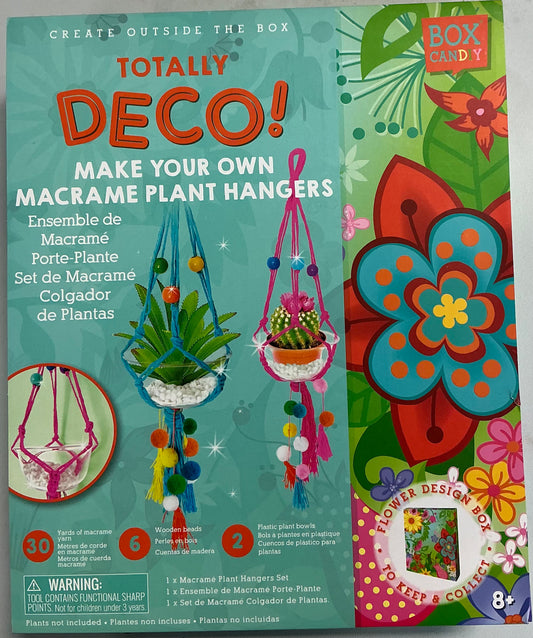 BOX CANDIY Totally Deco! Make Your Own Macrame Plant Hangers kit, which includes materials to create two colorful, boho-style hanging planters