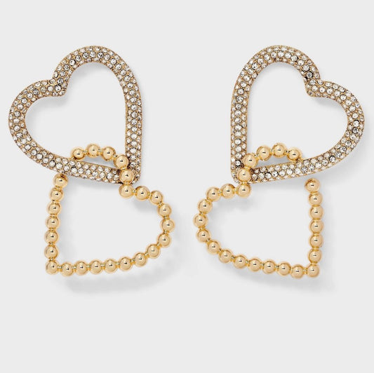Sugarfix by BaubleBar gold-tone double heart drop earrings with crystal rhinestones