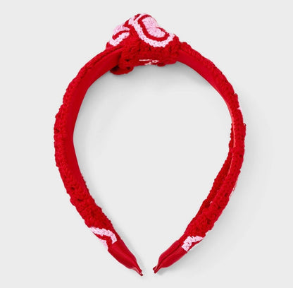 Red crochet knotted headband with pink and white hearts
