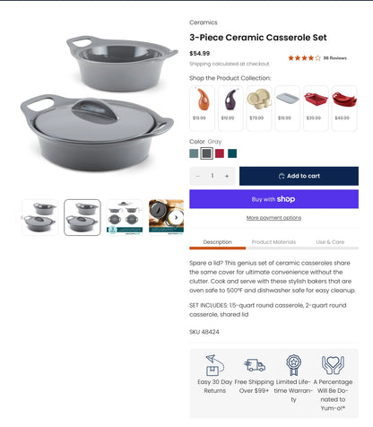 Rachel Ray 3-piece Ceramic Casserole Set, Grey - Out of Box