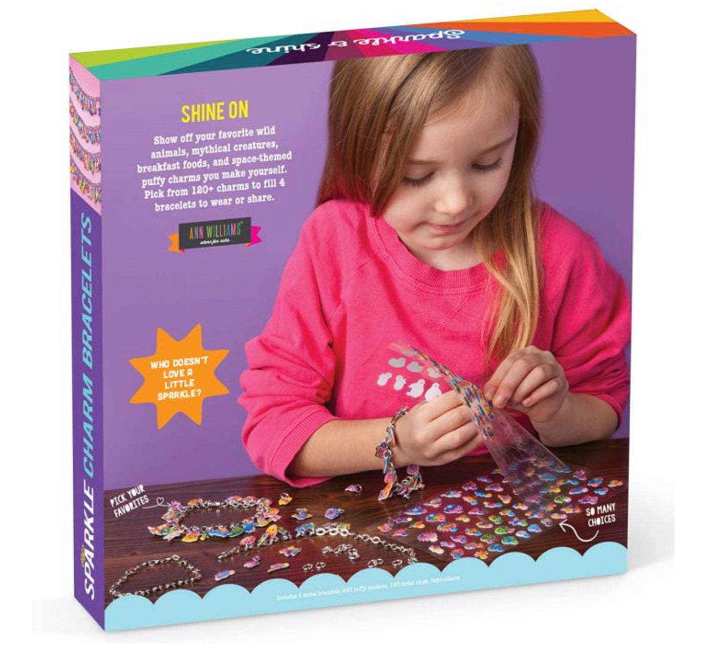 Sparkle Charm Bracelet DIY craft kit featuring various themed puffy sticker charms