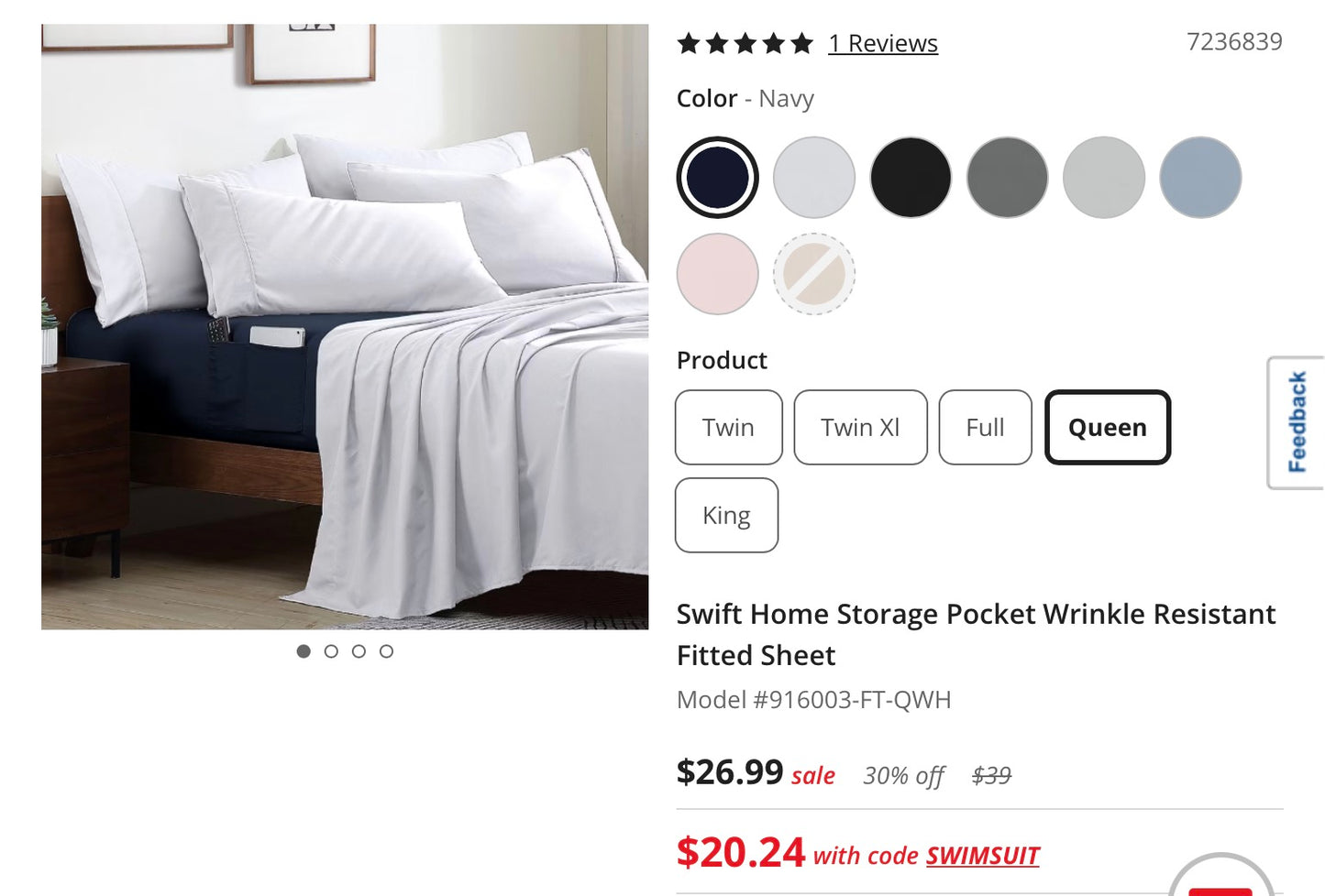 Swift Home Storage Pocket Wrinkle Resistant Fitted Sheet Only Queen-Navy