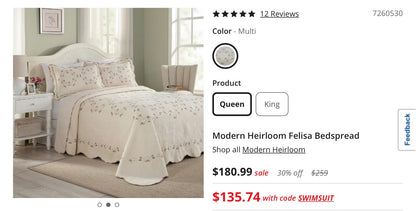 Modern Heirloom Felisa Bedspread Only Queen 102”x118”-Cream/Floral