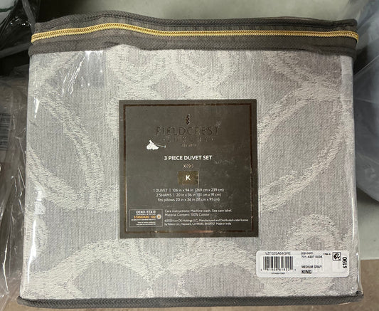 Fieldcrest Luxury 3-piece duvet set in medium gray, specifically sized for a king bed and designed with a damask pattern size king