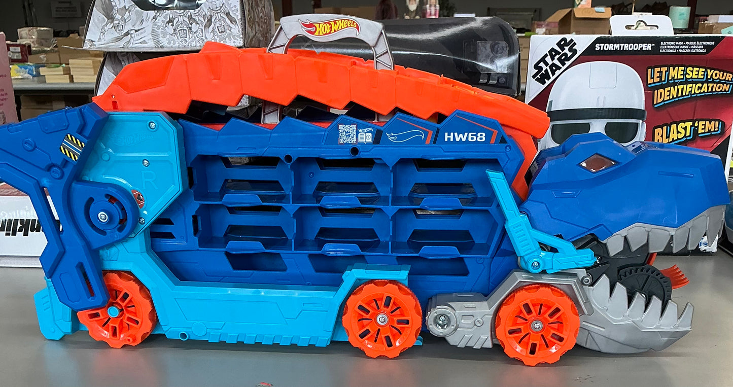 Hot wheels city ultimate t-Rex transporter hauler transforms into a Dino featured in Let’s Race - AS IS - MISSING CARS