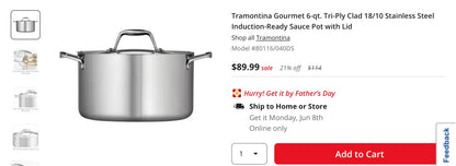 Tramontina Gourmet 6-qt. Tri-Ply Clad 18/10 Stainless Steel Induction-Ready Sauce Pot with Lid