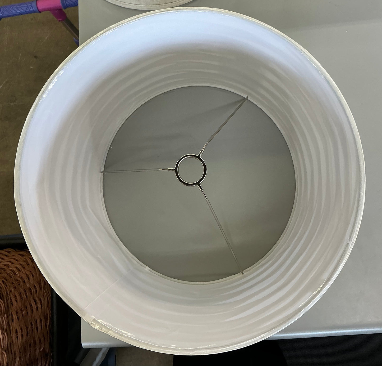 Large white drum linen lamp shade 15x10in cream linen overlay