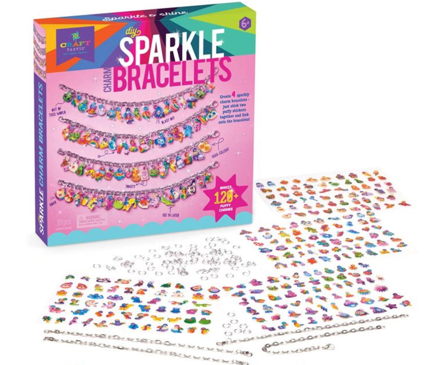 Sparkle Charm Bracelet DIY craft kit featuring various themed puffy sticker charms