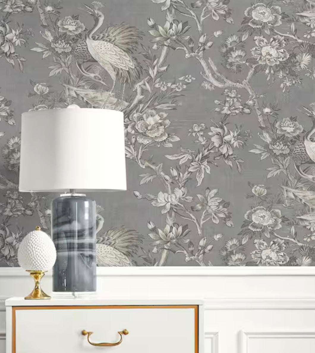 60.75 sq. ft. Metallic Pewter Alice Crane Toile Paper Unpasted Wallpaper Roll(clearance)
