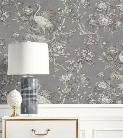 60.75 sq. ft. Metallic Pewter Alice Crane Toile Paper Unpasted Wallpaper Roll(clearance)