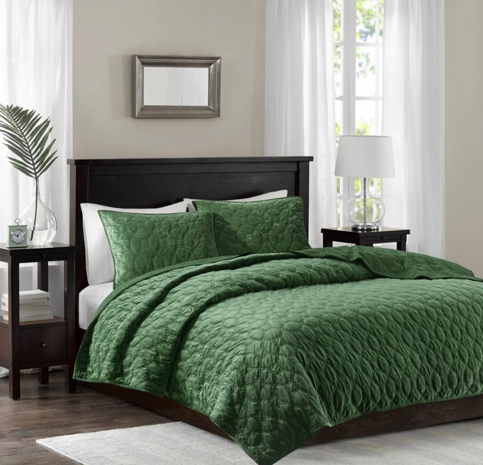 Madison Park Harper velvet coverlet set with a geometric stitching design. King/cal king