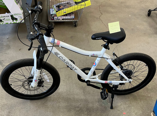 20” kids’ mountain bike 7 speed, front suspension disc/v-brake, steel frame - white - AS IS - MISSING BOLT ON FRONT TIRE AND BACK BREAK PAD - PICK UP ONLY