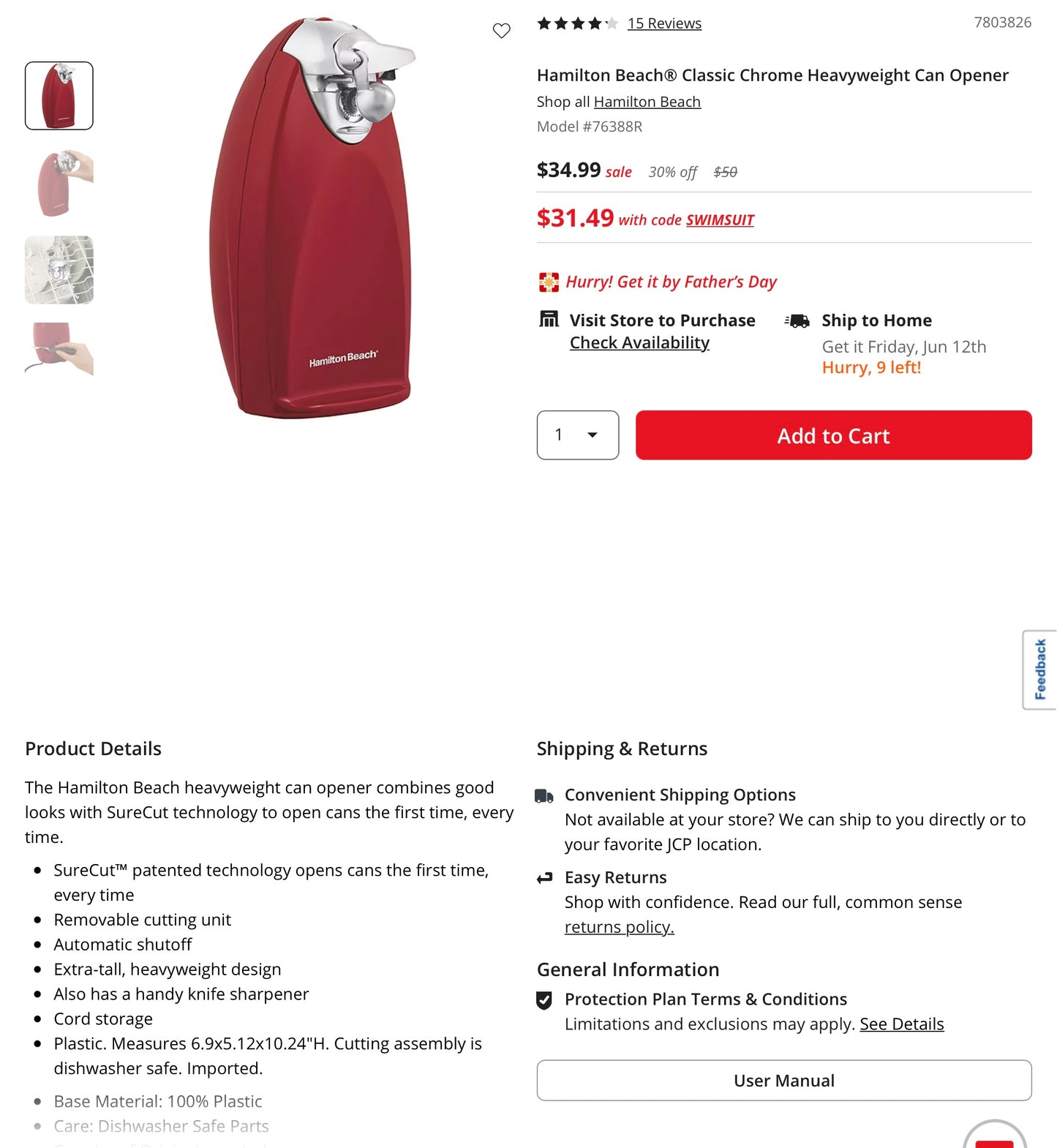 Hamilton Beach® Classic Chrome Heavyweight Can Opener in Red - Open Box - Damaged Box