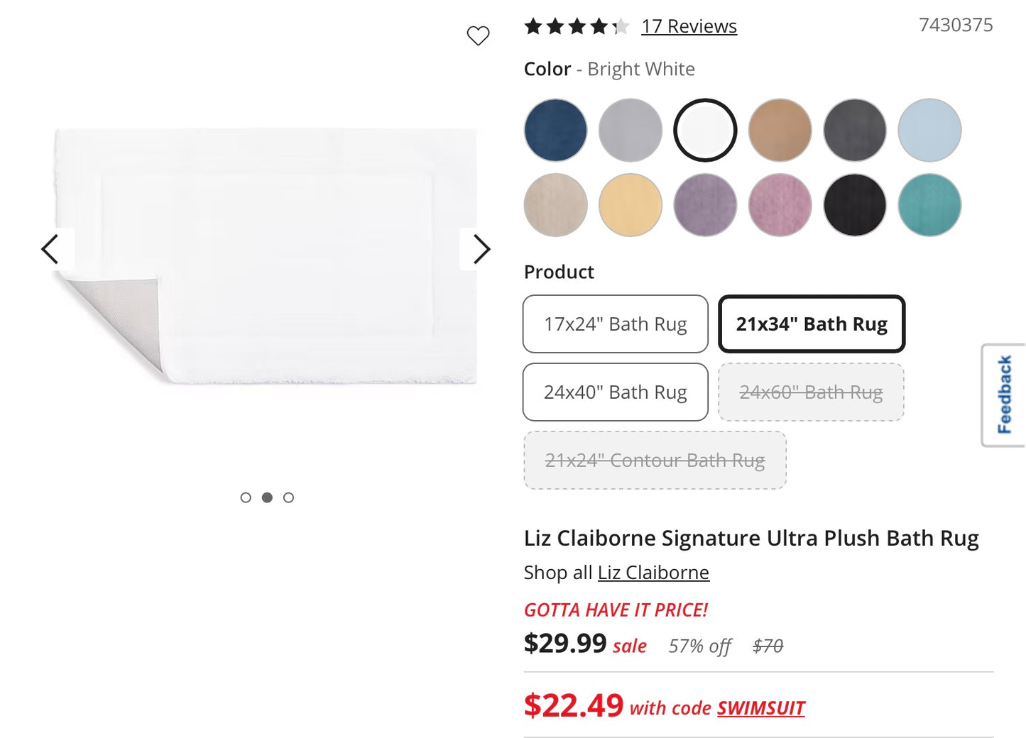 Liz Claiborne Signature Ultra Plush Bath Rug 21”x34”-White