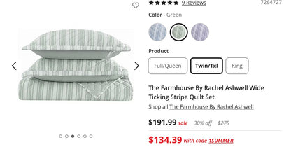 The Farmhouse By Rachel Ashwell Wide Ticking Stripe 3 Pieces Quilt Set Full/Queen-Included(1 Quilt,2 Standard Shams)-Green
