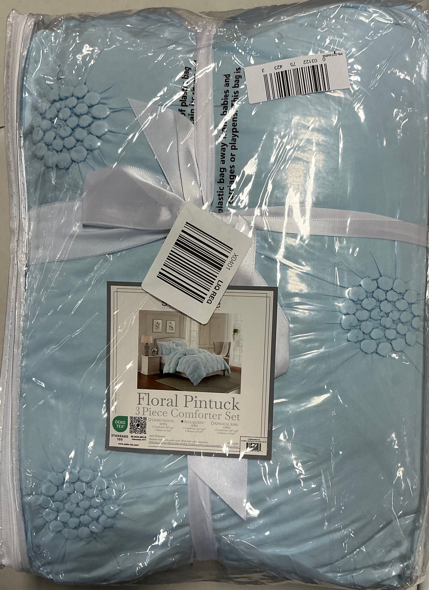 Swift Home Luxurious Ruched 3D Floral Pintuck Sham And Midweight Down Alternative Comforter Set 3 pieces Full/Queen-Baby Blue
