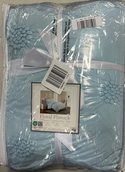 Swift Home Luxurious Ruched 3D Floral Pintuck Sham And Midweight Down Alternative Comforter Set 3 pieces Full/Queen-Baby Blue