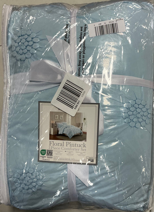 Swift Home Luxurious Ruched 3D Floral Pintuck Sham And Midweight Down Alternative Comforter Set 3 pieces Full/Queen-Baby Blue