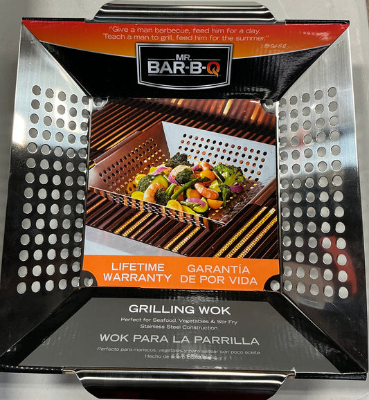 Mr. Bar-B-Q Stainless Steel Grilling Wok featuring a perforated design and integrated handles.