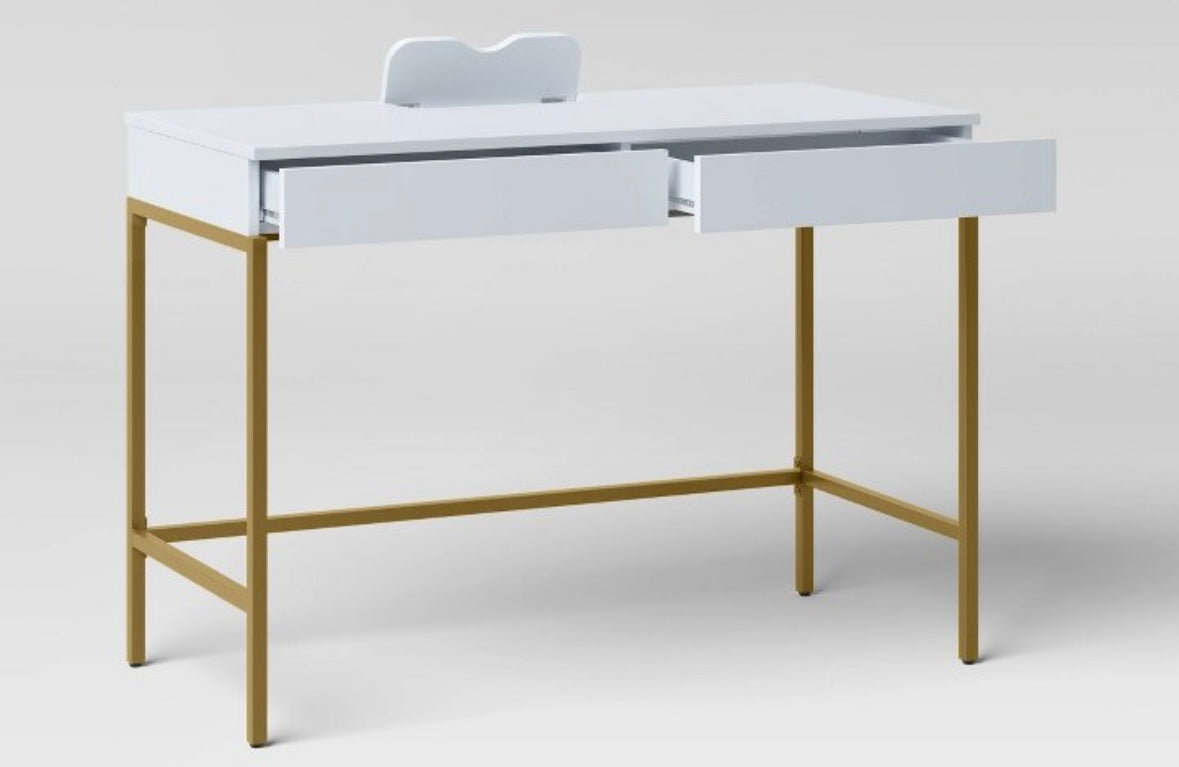Loring Wood Writing Desk with Drawers and Charging Station White/Gold