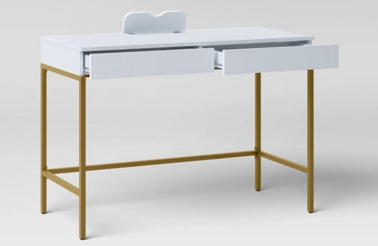 Loring Wood Writing Desk with Drawers and Charging Station White/Gold