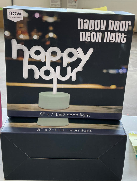 NPW Happy Hour Neon Desk Light featuring a white LED sign and a stand, designed for bar or workspace decor