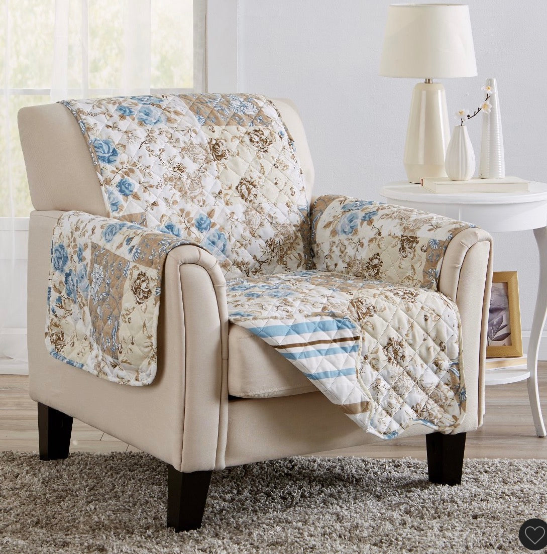 Great Bay Home Maribel floral patchwork chair cover featuring a quilted design with blue and taupe tones armchair 75 in x 68 in