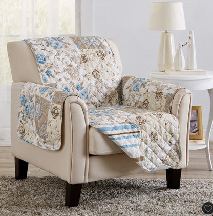Great Bay Home Maribel floral patchwork chair cover featuring a quilted design with blue and taupe tones armchair 75 in x 68 in