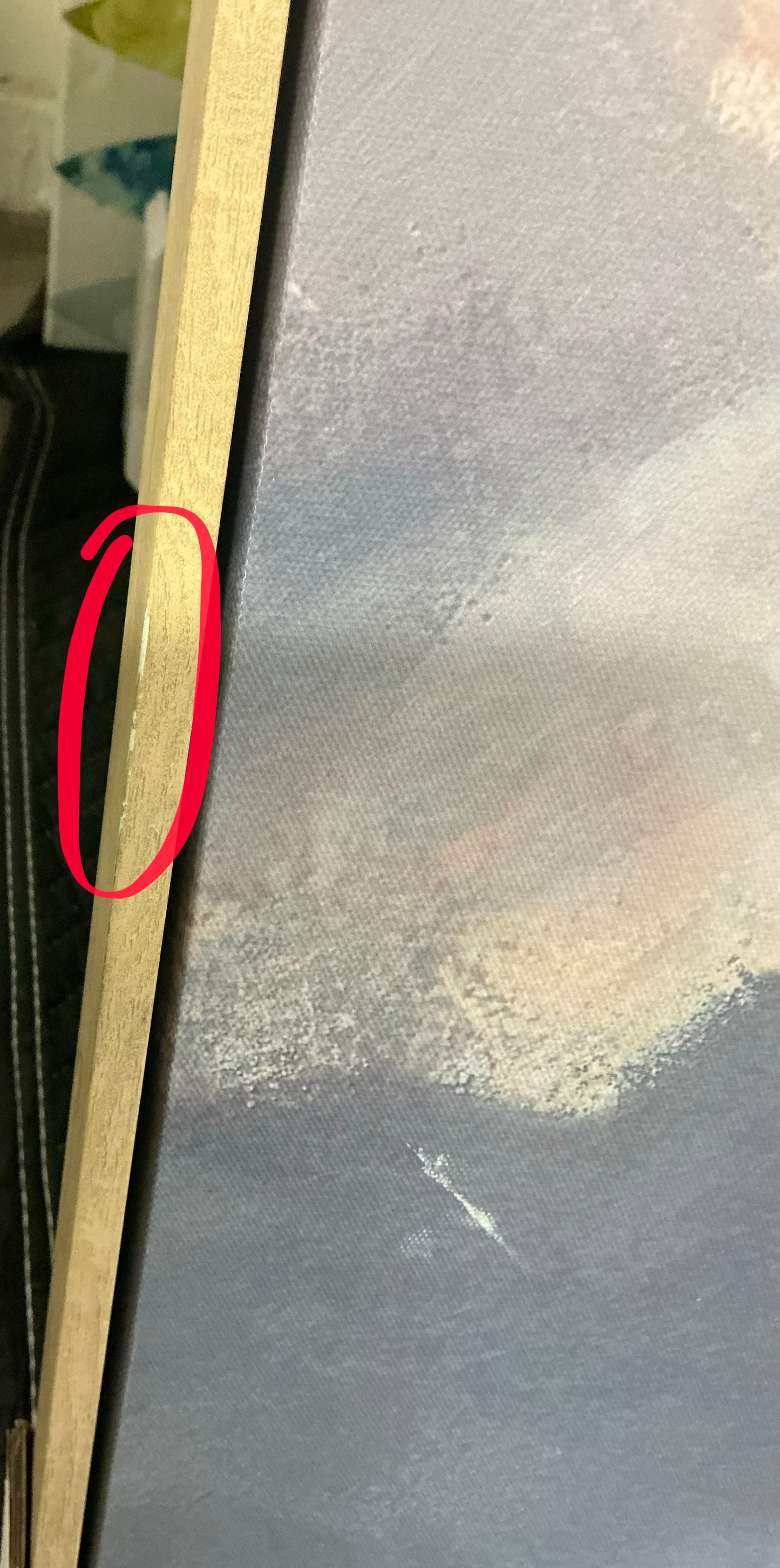 30x30” clouds framed canvas - AS IS - SOME MINOR COSMETIC FLAWS (see pictures) - WALL HOOKS ARE PUT ON THE WRONG WAY - PICK UP ONLY