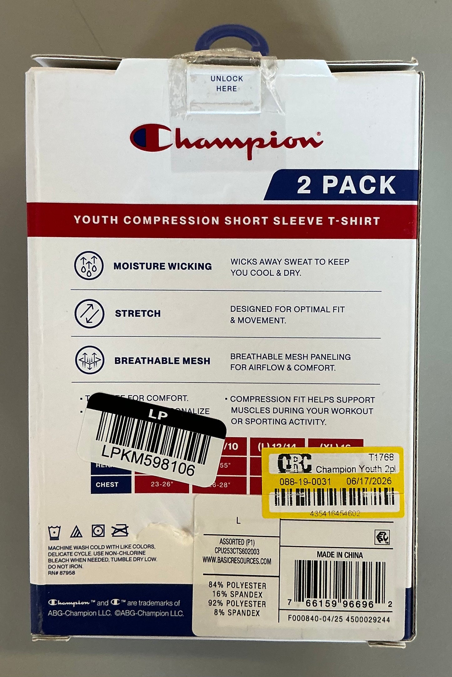 Champion youth 2pk compression t-shirt - white/black size L - OPEN BOX