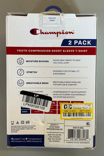 Champion youth 2pk compression t-shirt - white/black size L - OPEN BOX