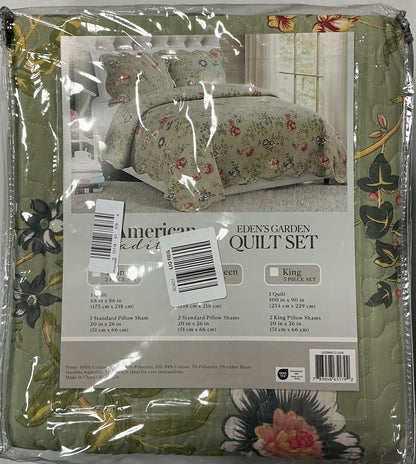 Edens Floral Print 3 Pieces Quilt Set Full/Queen-Included(1 Quilt and 2 Standard Shams)-Green