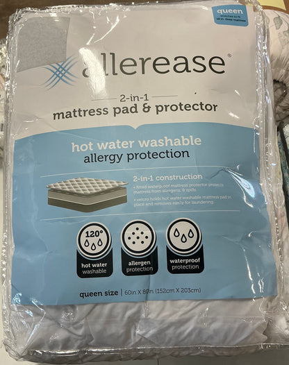 Allerease 2-in-1 Hot Water Washable Waterproof Mattress Pad Queen-White