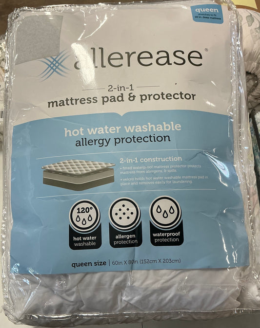 Allerease 2-in-1 Hot Water Washable Waterproof Mattress Pad Queen-White