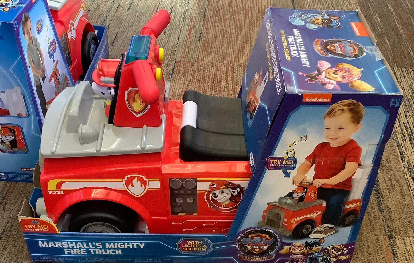 Nick Jr. Paw Patrol Marshall Fire Truck Kids' Ride-On with Lights, Sounds, Storage and Walking Bar