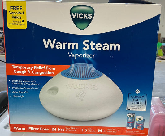 Vicks Warm Steam Vaporizer Humidifier with Night Light, 1.5 gal (the box is open, but it is new)