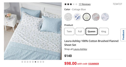 Laura Ashley 100% Cotton Brushed Flannel 4 Pieces Sheet Set Queen-Included(1 Fitted Sheet,2 Pillowcase,1 Flat Sheet)-Blue/yellow Floral