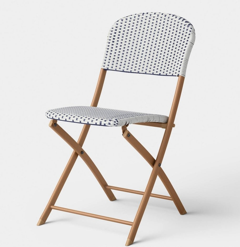 French cafe outdoor folding patio accent armless chair - Beige/White/Navy - PICK UP ONLY