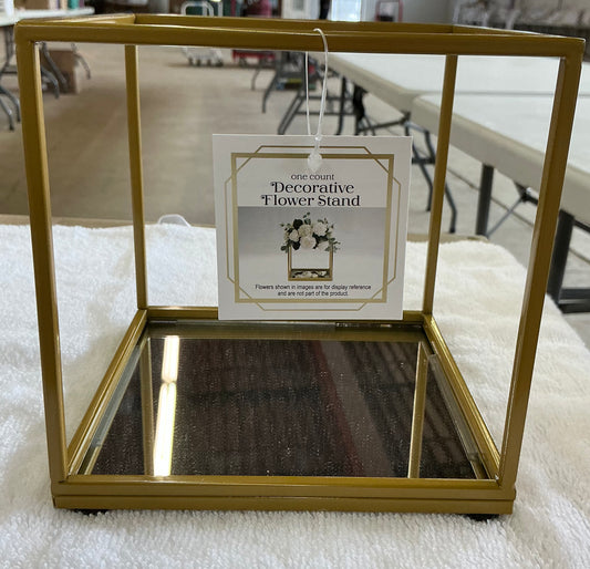 gold-finished Square Flower Stand from Bullseye's Playground with a mirrored base and a sturdy metal frame