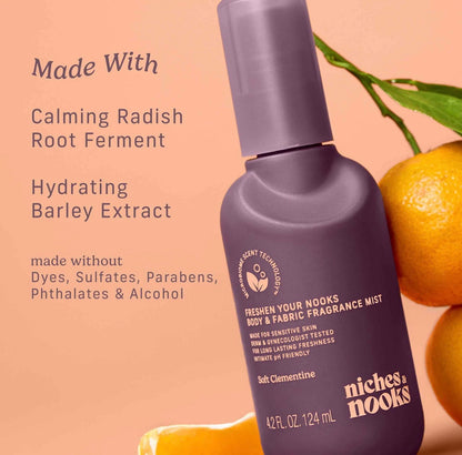 Niches & Nooks Freshen Your Nooks Body & Fabric Fragrance Mist in the Soft Clementine scent.