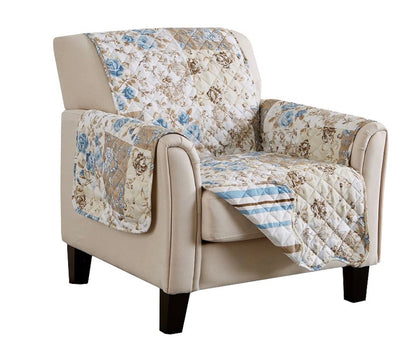 Great Bay Home Maribel floral patchwork chair cover featuring a quilted design with blue and taupe tones armchair 75 in x 68 in