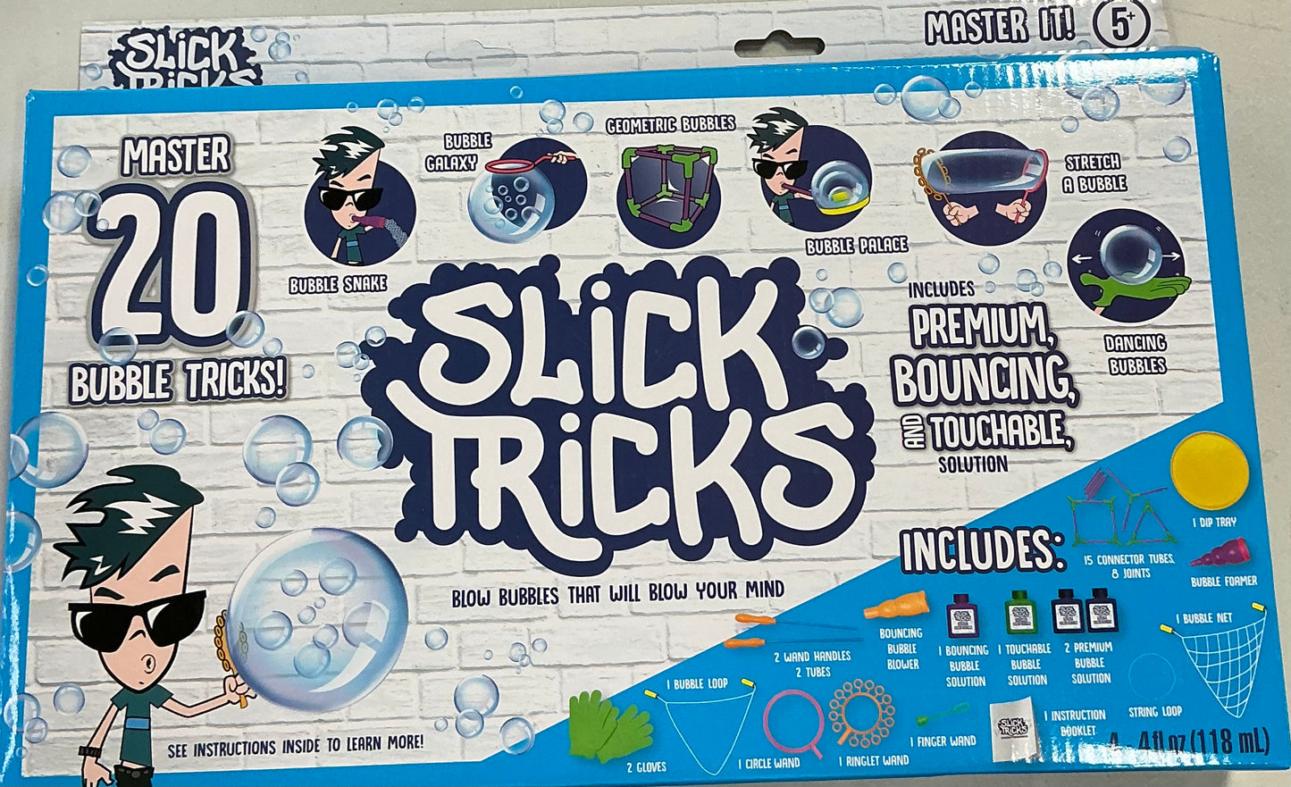 Little Kids Slick Tricks Master It! bubble kit featuring various tools for performing bubble tricks